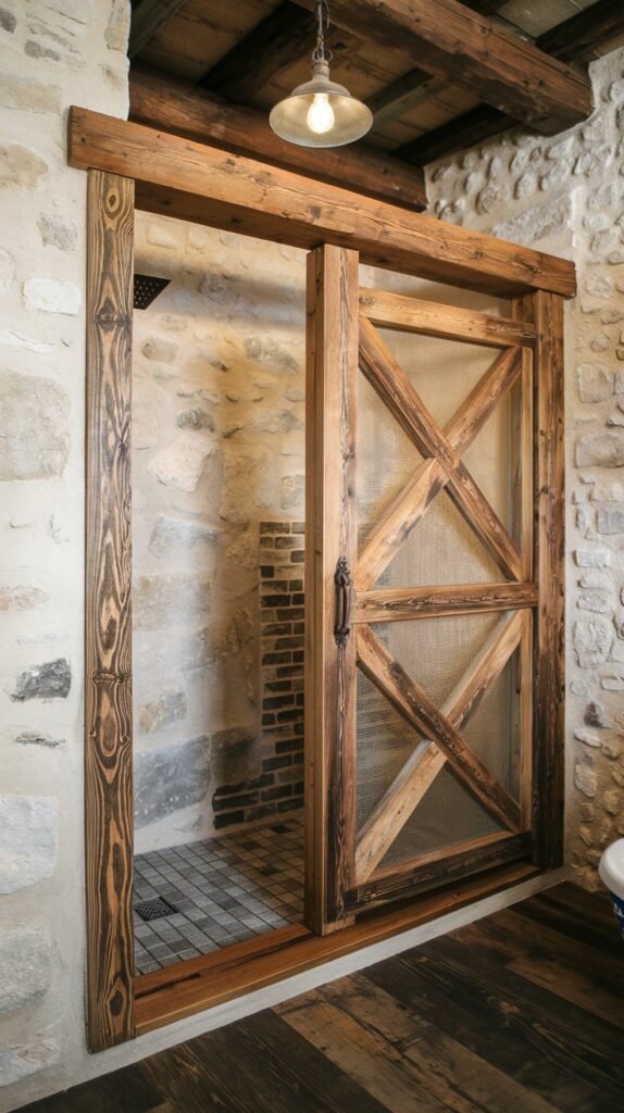 A rustic bathroom shower featuring light stone walls and a small square-tiled floor. The shower is partially enclosed by a large, ornate rustic wooden sliding barn door with a mesh and cross-brace design.