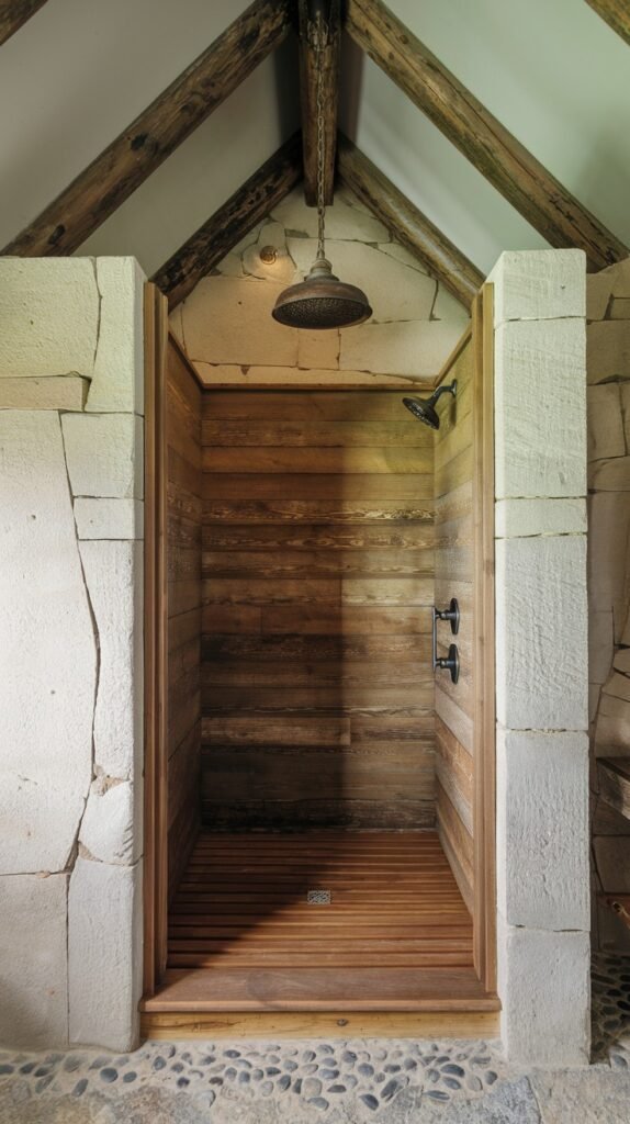 A rustic bathroom shower framed by light-colored stone pillars, featuring horizontal wooden plank interior walls and a slatted wooden floor. The exposed wooden ceiling beams above reinforce the rustic design.