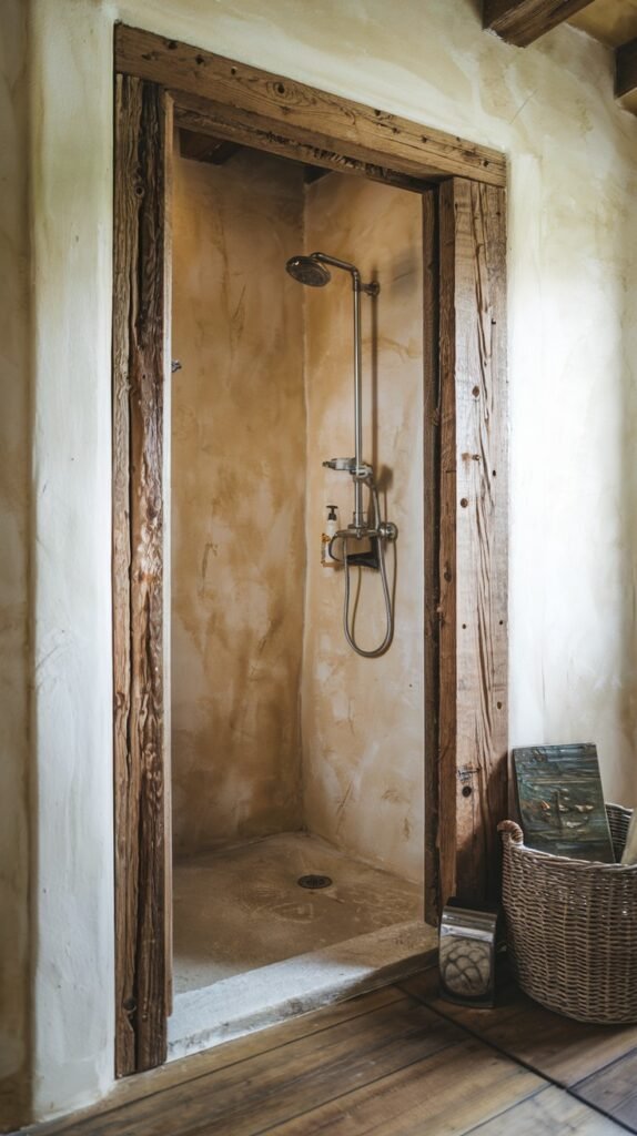 A simple yet elegant rustic bathroom shower with light-colored, textured walls and a smooth, light-toned concrete or stone floor. Thick wooden beams frame the entrance, and a wicker basket sits nearby, enhancing the rustic aesthetic.