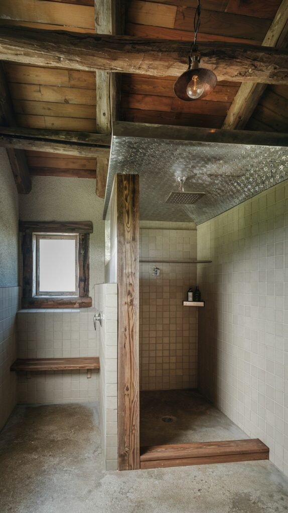 A modern rustic bathroom shower with light square tiled walls and a smooth concrete floor. It includes a built-in wooden bench and is topped with a decorative metal ceiling panel. Exposed wooden beams are visible above, blending rustic and contemporary elements.
