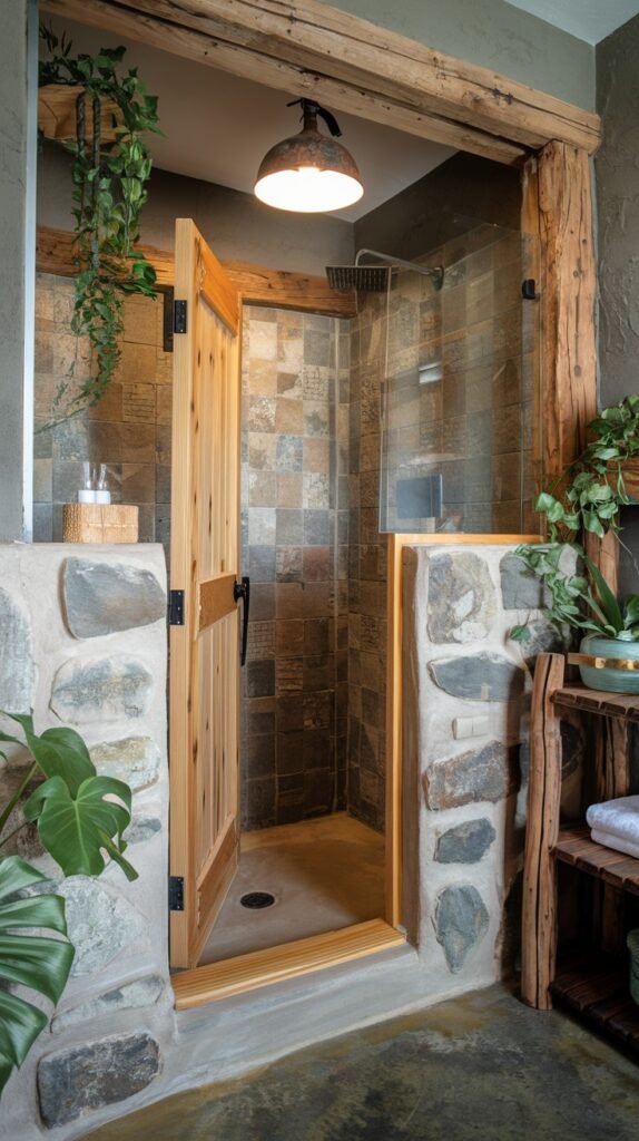 A rustic bathroom shower featuring multi-toned stone and tiled walls, with a light-colored floor. A wooden door swings open to reveal the shower, and green plants are strategically placed, contributing to a natural rustic ambiance.