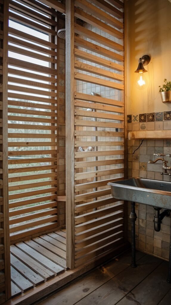 A bright rustic bathroom shower with slatted wooden walls and a slatted wooden floor, positioned near a large window. A rustic sink with an industrial faucet is visible outside the shower, completing the bathroom area.