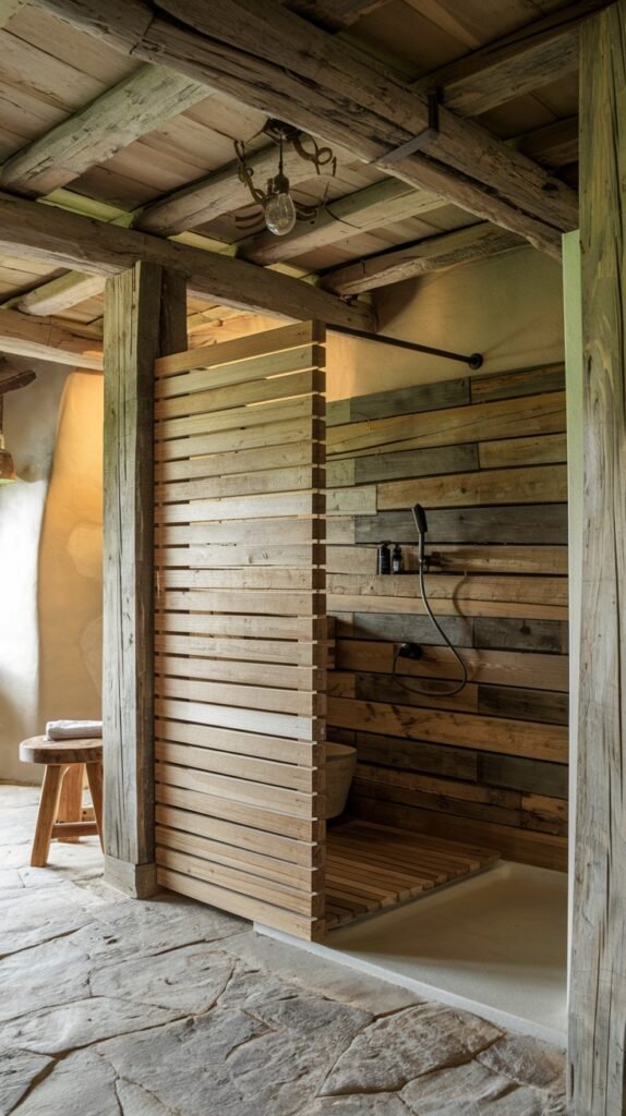 An open-plan rustic bathroom shower with horizontal slatted wooden walls that partially enclose the space. The floor is a combination of slatted wood and a light concrete base, embodying a contemporary rustic design.