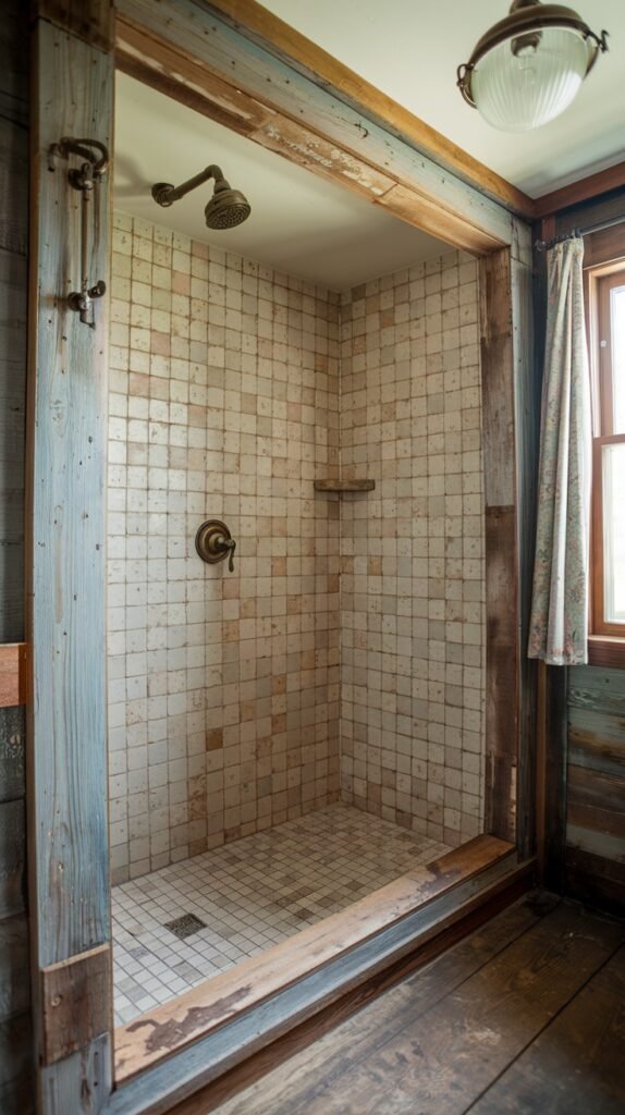 A rustic bathroom shower featuring small, light-colored square tiled walls and a dark tiled floor. The shower is framed by wide wooden beams with distressed blue paint, adding a unique rustic touch.