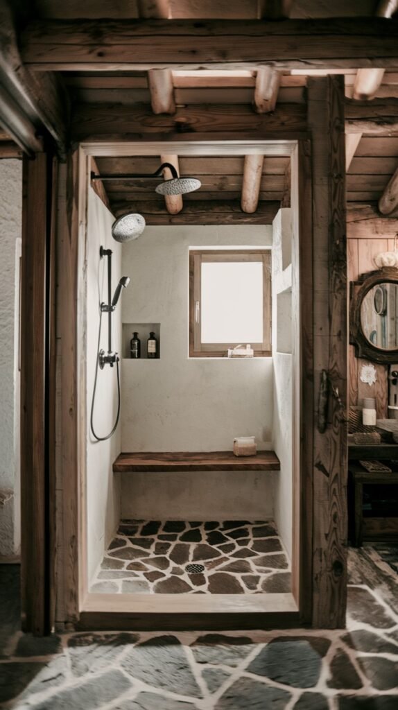 A spacious rustic bathroom shower with smooth, light-colored plastered walls, a built-in wooden bench, and a dark irregular stone-patterned floor. A small window offers natural light, enhancing the rustic appeal of the bathroom.
