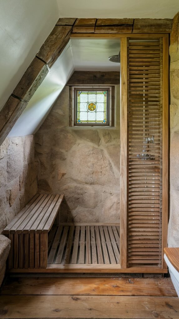 A unique rustic bathroom shower built into an alcove with stone walls, featuring a slatted wooden bench and a matching slatted wooden floor. A decorative stained-glass window adds a distinctive touch to this rustic shower space.