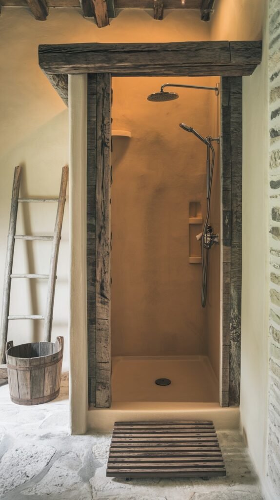 A rustic bathroom shower featuring light-colored, smooth walls within a frame of large, dark wooden beams, with a light-colored shower pan and a dark drain. A wooden ladder and a wooden bucket are visible outside the shower, emphasizing the rustic aesthetic.