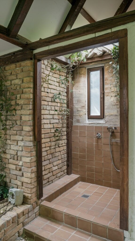 An outdoor-style rustic bathroom shower with exposed brick walls and wooden beams, featuring a small window and brown tiled steps leading into the shower stall. Green vines are growing on the brickwork, enhancing the rustic feel.