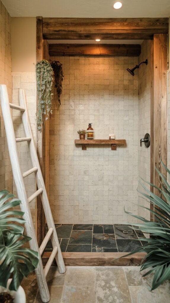 A rustic bathroom shower with light-colored, square tiled walls and a dark multi-toned tiled floor. The shower entrance is framed by heavy wooden beams. A white decorative ladder and large green plants contribute to the rustic atmosphere.