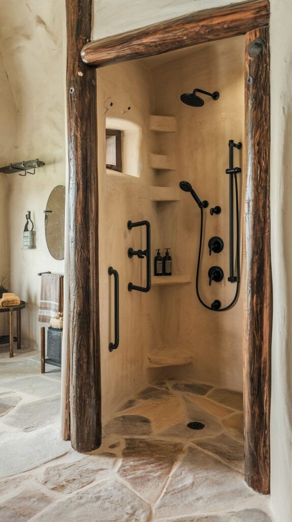 A rustic bathroom shower featuring curved, light-toned plaster walls with built-in shelves. Black modern shower fixtures and grab bars contrast with the rustic flagstone-patterned floor.