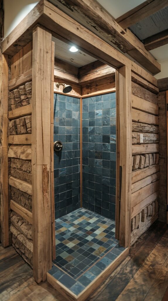 A rustic bathroom shower encased in rough-hewn wooden planks, with dark square tiles on the interior walls and a multi-colored, patterned tiled floor. This design highlights a strong rustic aesthetic for the shower area.