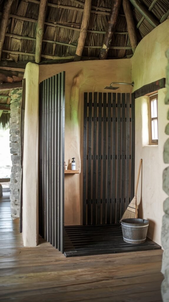 A unique rustic bathroom shower featuring dark slatted wooden screens as an enclosure and a slatted dark wooden floor. A thatched roof is visible overhead, and a wooden bucket and broom are placed nearby, reinforcing the outdoor rustic style.