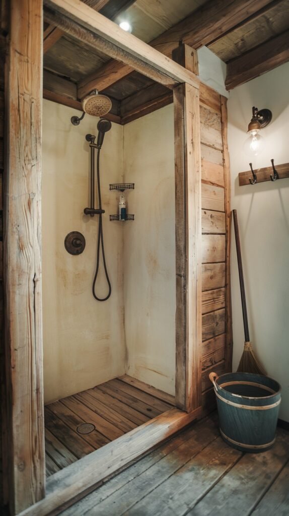 A rustic bathroom shower stall with light-colored plaster walls, a slatted wooden floor, and a frame of raw wooden beams. A wooden bucket and broom stand next to the shower, fitting the rustic theme.