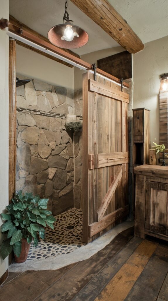 A spacious rustic bathroom shower with natural stone walls and a dark pebble-tiled floor. A large, reclaimed-wood barn-style sliding door partially conceals the shower, contributing to the overall rustic design.