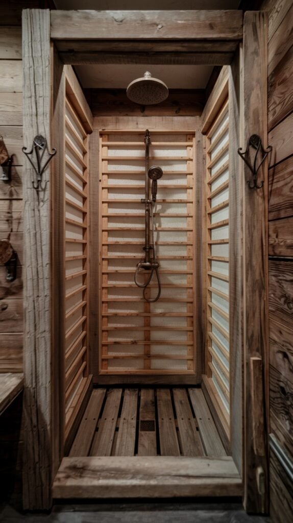 A distinctive rustic bathroom shower with interior walls and floor made of light-colored wooden slats, all framed by substantial dark wooden beams. This showcases a strong rustic and natural wood design.