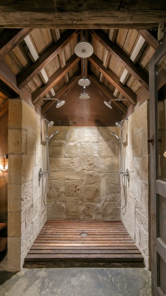 A large, communal-style rustic bathroom shower featuring rough stone walls, multiple shower heads (including rain heads), and a dark slatted wooden floor. Exposed wooden beams on the ceiling enhance the rustic ambiance.