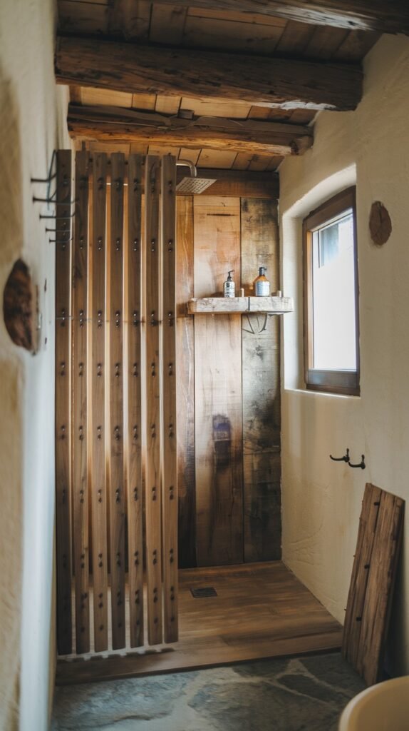 A rustic bathroom shower featuring a unique slatted wooden pivoting door and a wooden slatted floor. One interior wall is made of wide wooden planks, and a small window is visible, all contributing to the rustic appeal.