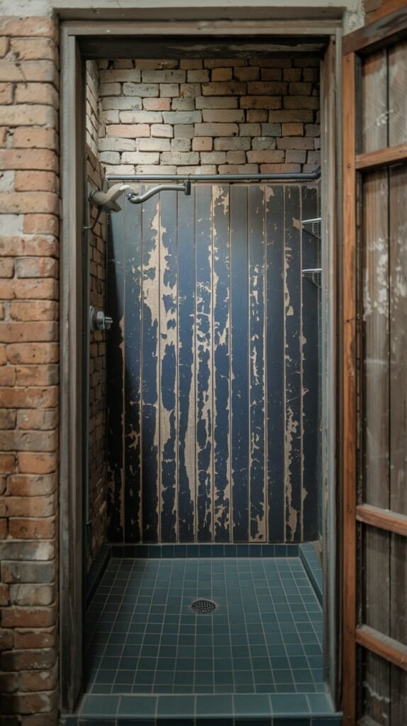 A rustic bathroom shower featuring brick walls on one side and a distressed blue and brown wooden slatted wall on the interior. The floor is covered in dark green tiles, and a simple wooden door is visible, creating a rugged rustic feel.
