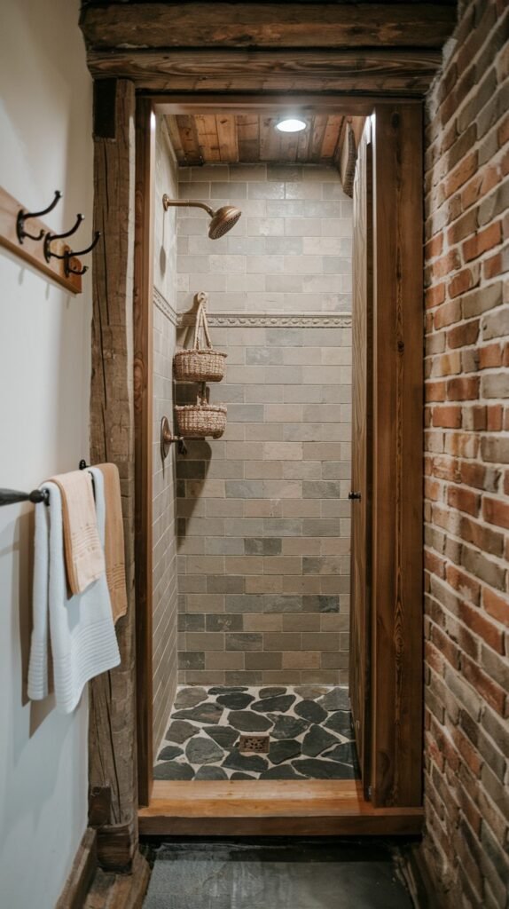 A rustic bathroom shower with light grey rectangular tiles on the walls and a dark, irregular stone-patterned floor. The entrance is framed by heavy wooden beams, and woven baskets are hung inside, adding to the rustic charm.