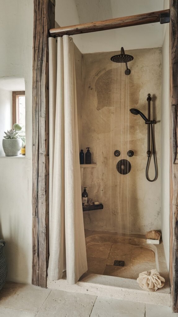 A rustic bathroom shower with textured, light-colored walls and a light-toned natural stone slab floor. A simple fabric shower curtain hangs at the entrance, complementing the rustic and minimalist design.