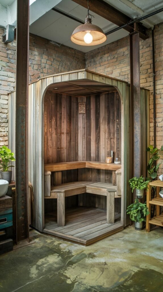 This image depicts a rustic corner structure, likely a bathroom feature such as a sauna or changing area, built with various wooden panels and benches. While not explicitly a shower, its presence within what appears to be a rustic bathroom setting is noted.