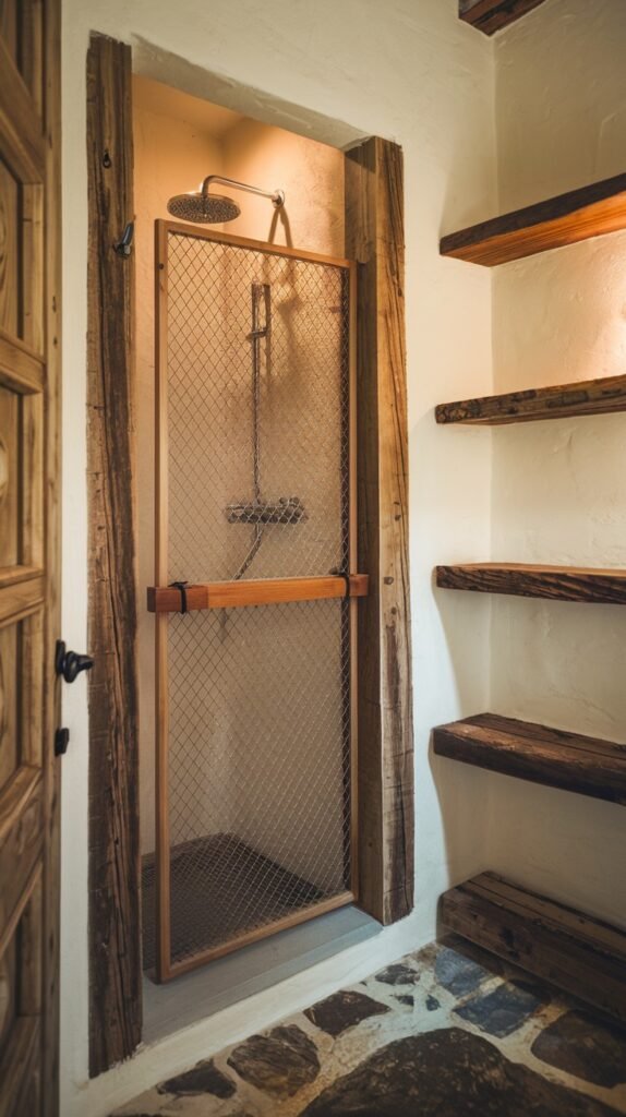 A rustic bathroom shower stall with light-colored walls and a metal mesh wooden door. The entrance is framed by large wooden beams, and a natural stone floor is visible outside, enhancing the overall rustic character.