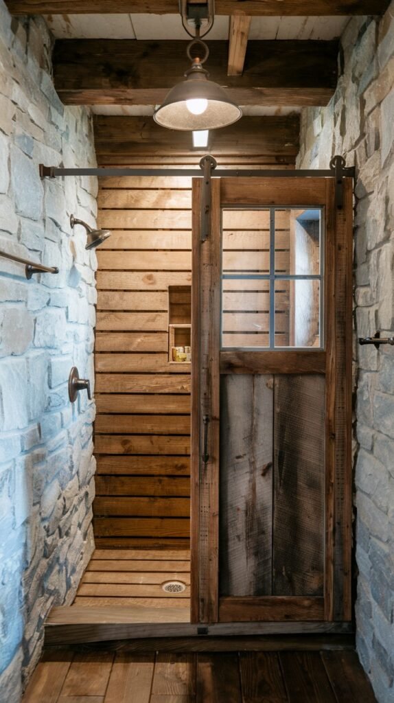 A rustic bathroom shower featuring horizontal wooden plank walls and a slatted wooden floor. It is enclosed by a wooden barn-style sliding door with a window, set against a stone wall, creating a strong rustic ambiance.
