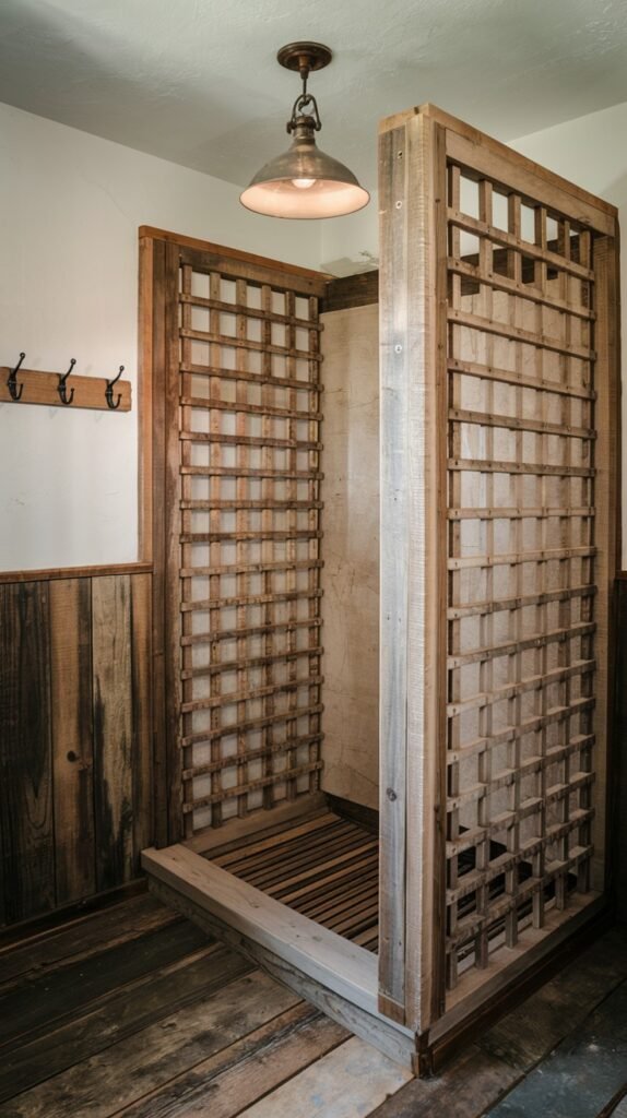 An open-concept rustic bathroom shower stall with light-colored slatted wooden walls and a matching slatted wooden floor, designed with an airy, rustic feel.