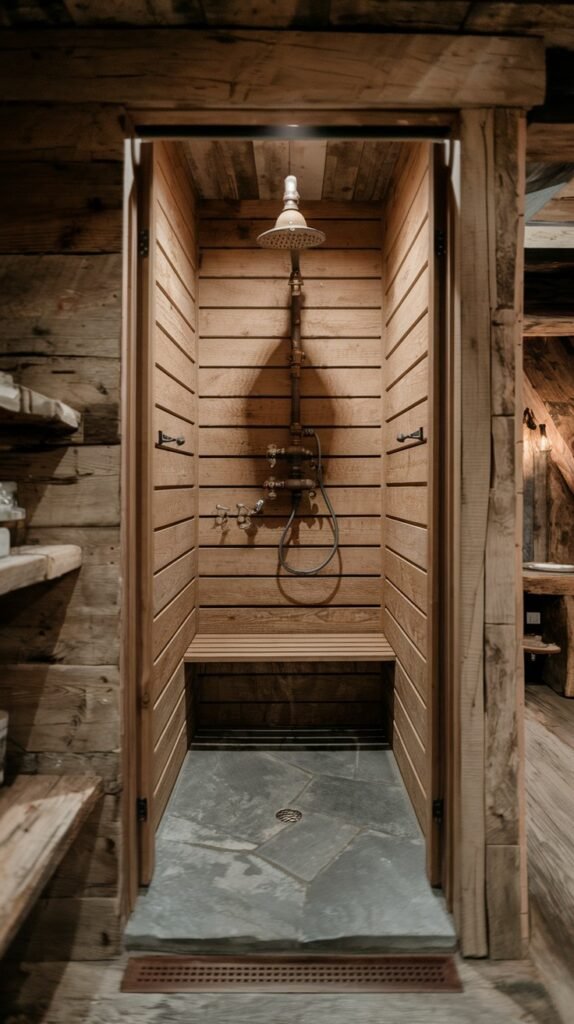 A well-appointed rustic bathroom shower with horizontal wooden plank walls, a built-in wooden bench, and a dark stone-tiled floor with a linear drain. This rustic shower offers a functional and aesthetic design.