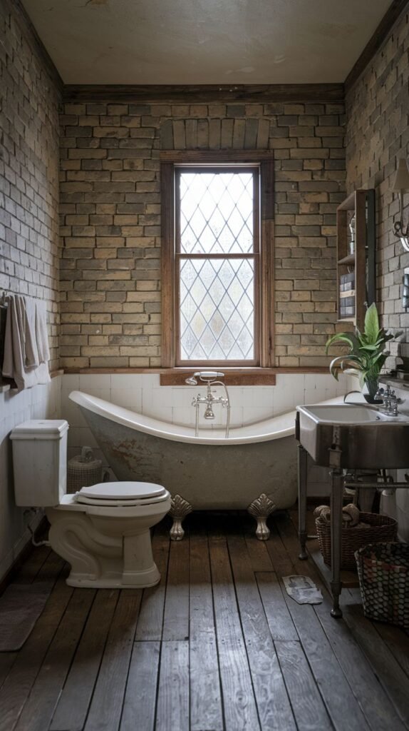 A Farmhouse and Rustic bathroom showcasing a white clawfoot bathtub, a white wall-mounted sink, and a white toilet. The walls are predominantly exposed brick with a white wainscoting along the lower section. A window with diamond-patterned glass is central to the room, and the floor is composed of wooden planks.
