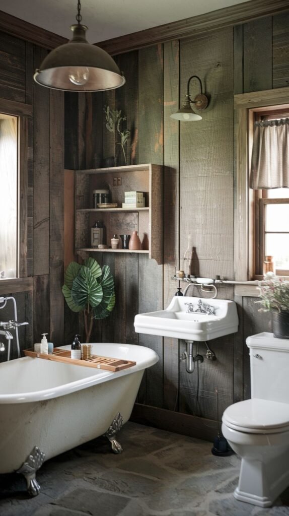 A Farmhouse and Rustic bathroom displaying a white clawfoot bathtub with a wooden caddy, a white wall-mounted sink, and a white toilet. The walls are covered in dark wooden planks. Exposed wooden ceiling beams, an industrial pendant light, and a wooden open shelf unit are prominent features. The room includes plants and is set on a stone-tiled floor.