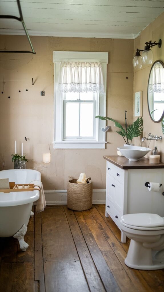 A Farmhouse and Rustic bathroom with a white clawfoot bathtub, a white vanity with a white vessel sink, and a white toilet. The walls are painted a light beige. A window with a ruffled valance, a round mirror with wall sconces, and a woven basket are included. The room features a wooden plank floor.