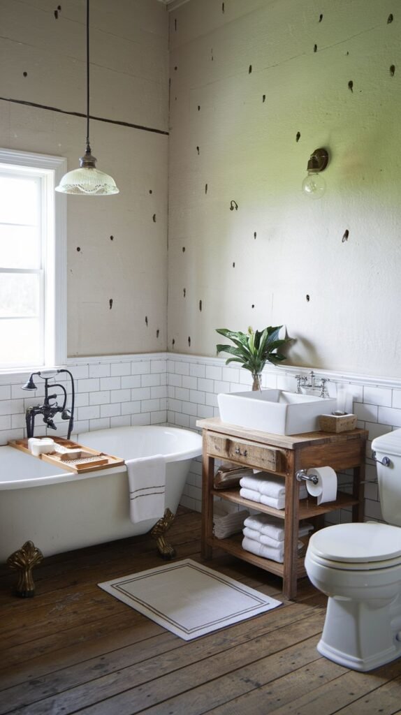 A Farmhouse and Rustic bathroom with a white clawfoot bathtub and a wooden vanity with a white vessel sink, next to a white toilet. The upper walls are light-colored with a distressed look, while the lower walls are white subway tiles. A simple window, a glass pendant light, and an open shelf unit under the sink are visible. The room has a wooden plank floor with a small rug.
