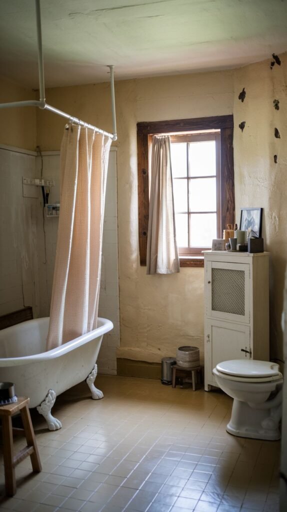 A Farmhouse and Rustic bathroom featuring a white clawfoot bathtub with a shower curtain, a white cabinet, and a white toilet. The walls are painted a light yellow or tan. A window with a simple curtain, a small wooden stool, and a framed picture are part of the decor. The floor is covered in light square tiles.