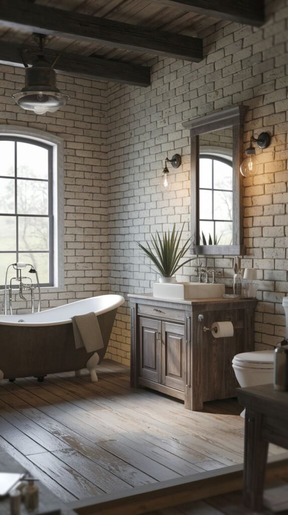 A Farmhouse and Rustic bathroom showcasing a dark-colored freestanding bathtub and a dark wooden vanity with a white vessel sink, adjacent to a white toilet. The walls are exposed light-colored brick. Exposed wooden ceiling beams, a large window, a mirror, and wall sconces add to the rustic appeal. The floor is made of wooden planks.