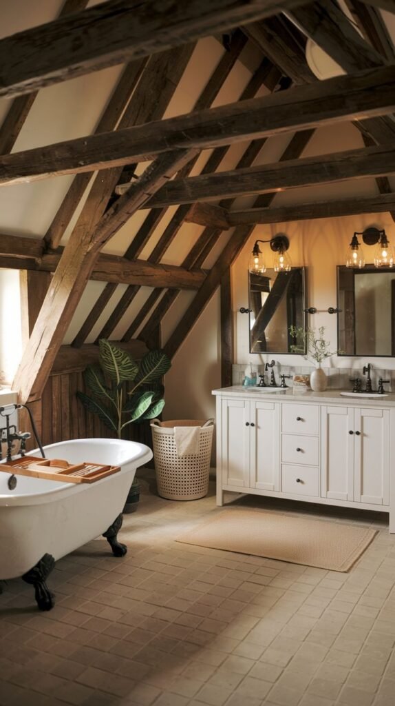 A Farmhouse and Rustic bathroom with a white clawfoot bathtub and a large white double vanity with two sinks. The ceiling features prominent exposed wooden beams and rafters. Two mirrors with wall sconces, a large woven laundry basket, and a potted plant are visible. The floor is covered in light-colored square tiles with a rug.