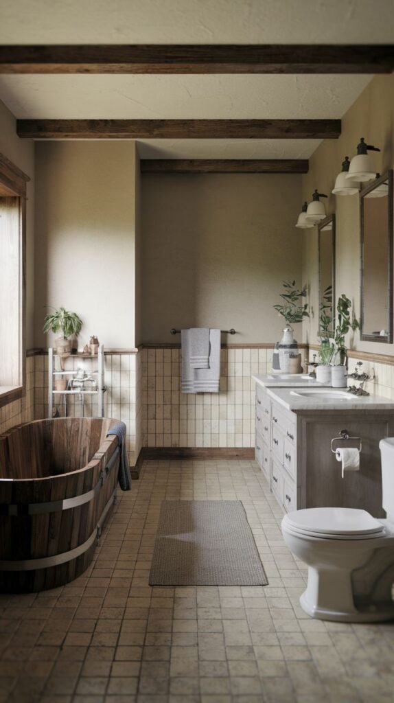 A Farmhouse and Rustic bathroom featuring a unique wooden soaking tub and a light-colored double vanity with two sinks, next to a white toilet. The lower walls are light square tiles, and the upper walls are painted a light color. An open metal shelving unit, a towel rail, and a potted plant are included. The floor is tiled with light square tiles and has a rug.