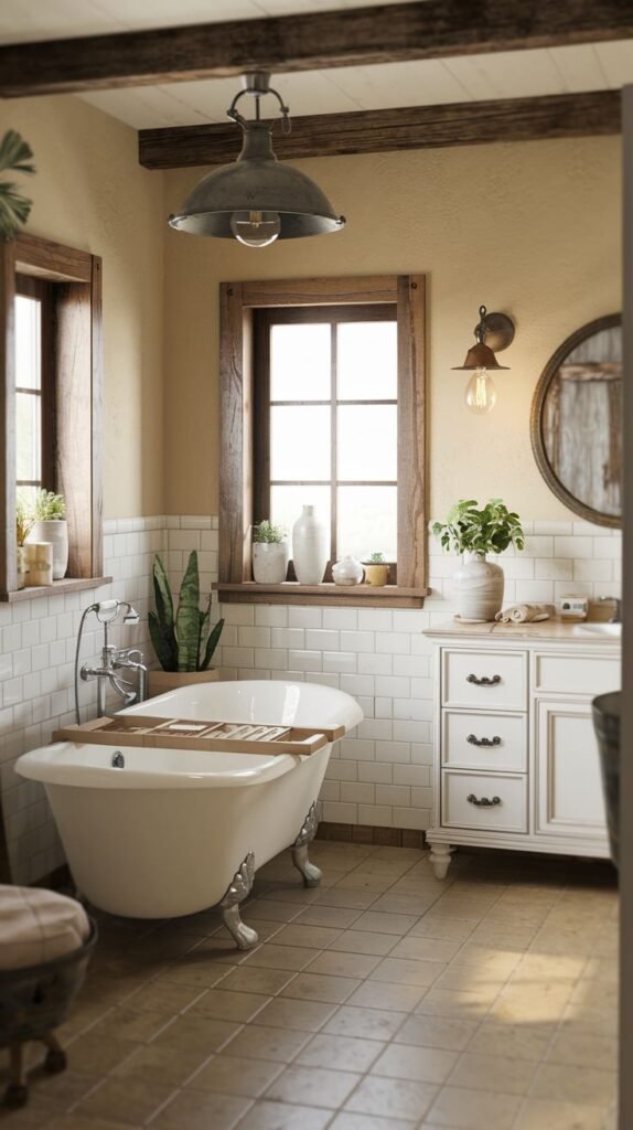 A Farmhouse and Rustic bathroom with a white clawfoot bathtub and a white vanity with a white sink. The walls feature white subway tile wainscoting and light beige paint above. Exposed wooden ceiling beams, a window, an industrial pendant light, a wall sconce, and a round mirror are present. The floor is covered in light square tiles.
