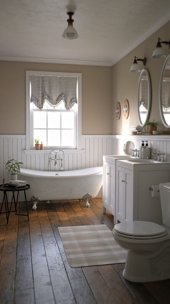 A Farmhouse and Rustic bathroom featuring a white clawfoot bathtub, a white double vanity with two sinks, and a white toilet. The walls have white wainscoting and light beige paint. A window with a ruffled valance, two oval mirrors with wall sconces, and a small black side table are included. The room has a wooden plank floor with a striped rug.