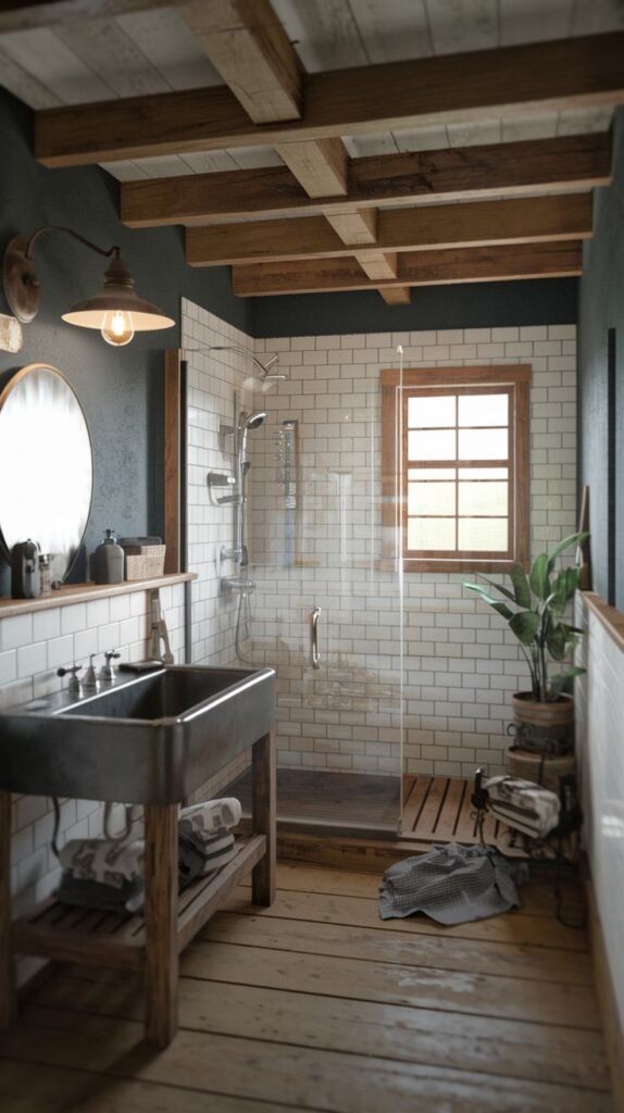 A Farmhouse and Rustic bathroom with a freestanding bathtub (partially visible), a glass-enclosed shower, and a large metal trough sink on a wooden stand. The walls are dark above white subway tile wainscoting. Exposed wooden ceiling beams, a window, an industrial wall sconce, and a round mirror enhance the rustic atmosphere. The floor is made of wooden planks.
