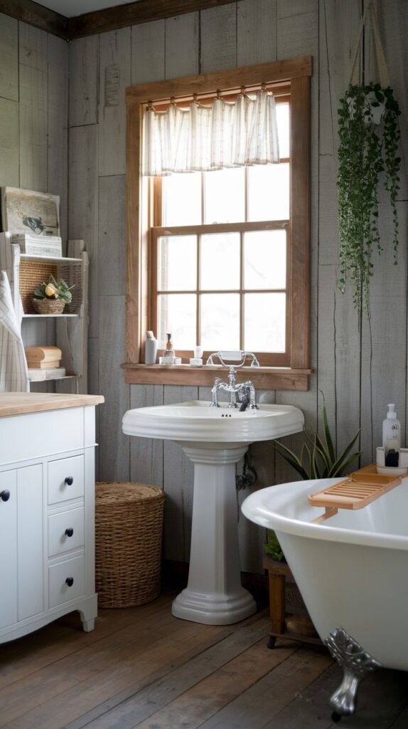 A Farmhouse and Rustic bathroom with a white freestanding bathtub and a white pedestal sink. The walls are covered in vertical light-colored wood paneling. A window with a ruffled valance brings in light, and a hanging plant adds greenery. The room features a white cabinet with drawers and a wicker basket, all set on a wooden plank floor.