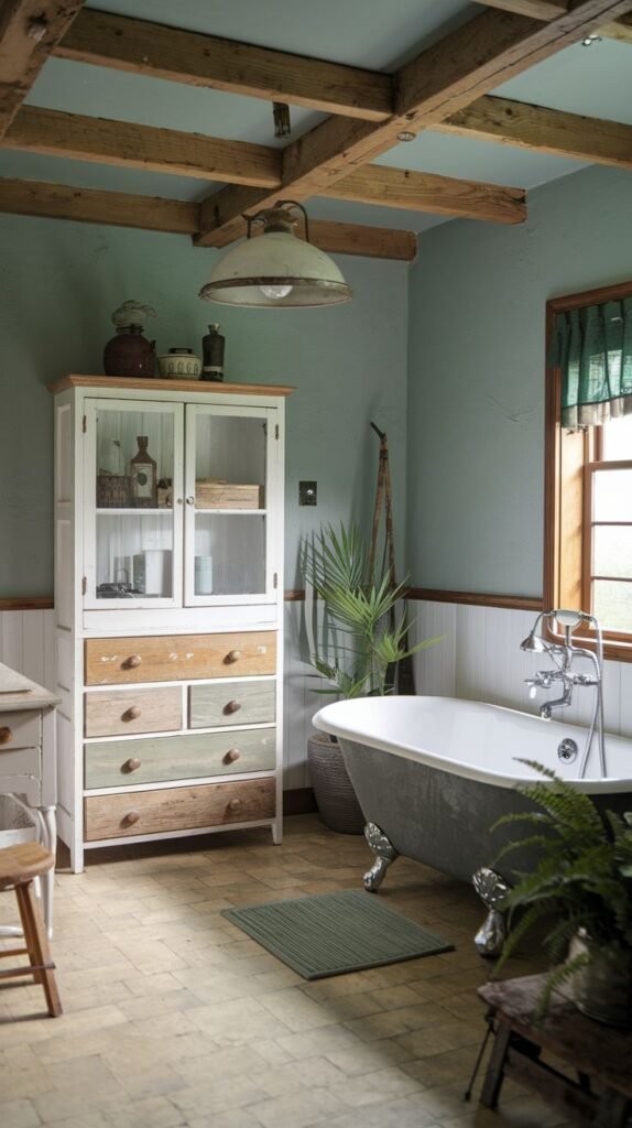 A Farmhouse and Rustic bathroom with a grey-exterior clawfoot bathtub and a multi-drawer white cabinet with a glass top. The walls are painted a light blue-green with white wainscoting below. Exposed wooden ceiling beams, a large industrial pendant light, and a window with a green curtain are visible. The room includes various plants and a rug on a tiled floor.