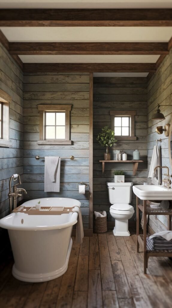 A Farmhouse and Rustic bathroom featuring a white freestanding bathtub, a white wall-mounted sink, and a white toilet. The walls are covered in weathered blue-grey horizontal wooden planks. Exposed wooden ceiling beams, two windows, wall sconces, and open wooden shelves are present. The floor is composed of wooden planks.