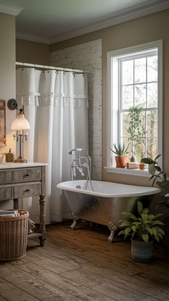 A Farmhouse and Rustic bathroom with a silver-finished clawfoot bathtub and a wooden vanity with a white sink. The walls feature white brick wainscoting and light beige paint above. A large window with a lattice pattern, a white shower curtain, and multiple potted plants are visible. The floor is made of wooden planks, adding to the rustic charm.