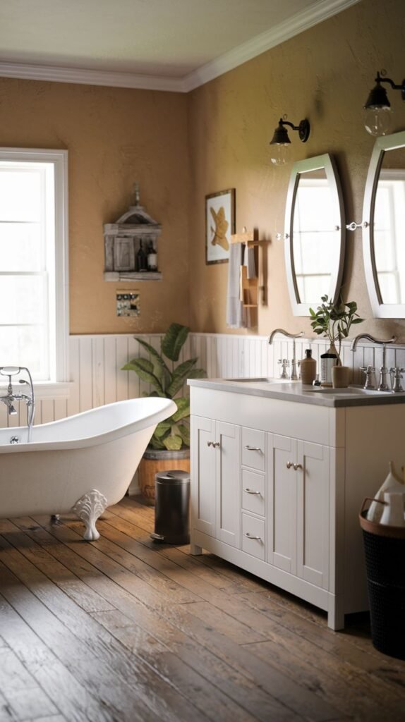 A Farmhouse and Rustic bathroom featuring a white clawfoot bathtub and a large white double vanity with two sinks, next to a white toilet. The walls have a textured orange-tan paint above white wainscoting. A large window, two oval mirrors with wall sconces, and a small wooden shelf are included. The room has a wooden plank floor.