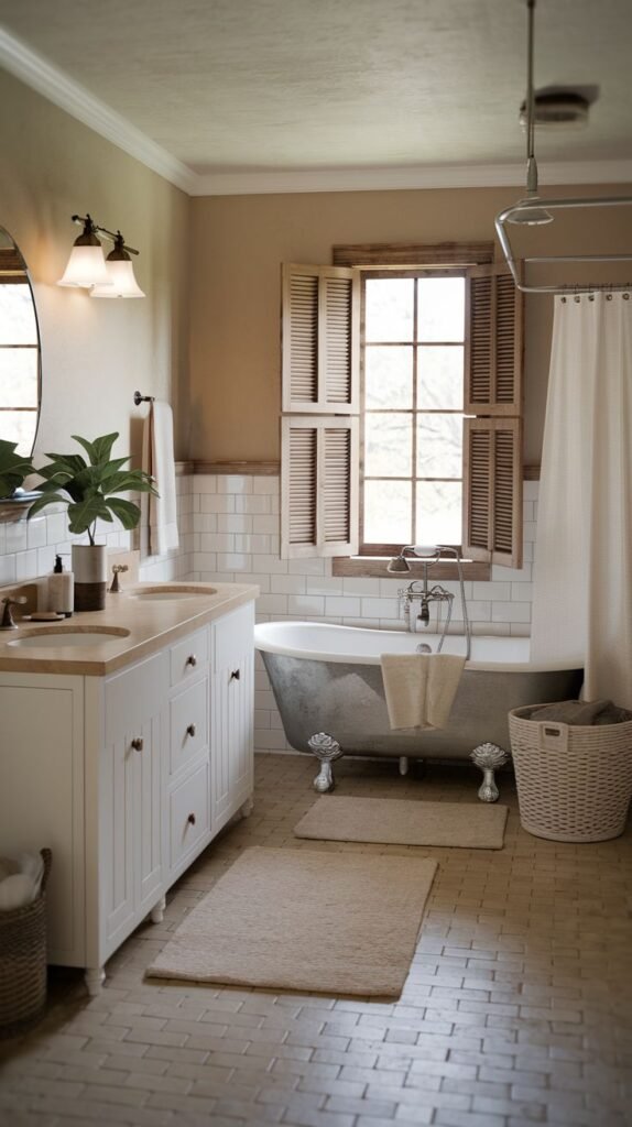 A Farmhouse and Rustic bathroom with a silver-finished clawfoot bathtub and a white double vanity with two sinks, adjacent to a white toilet. The walls have white subway tile wainscoting and light beige paint above. A window with wooden shutters, a white shower curtain, and a round mirror with wall sconces are visible. The floor is covered in light square tiles with two rugs.