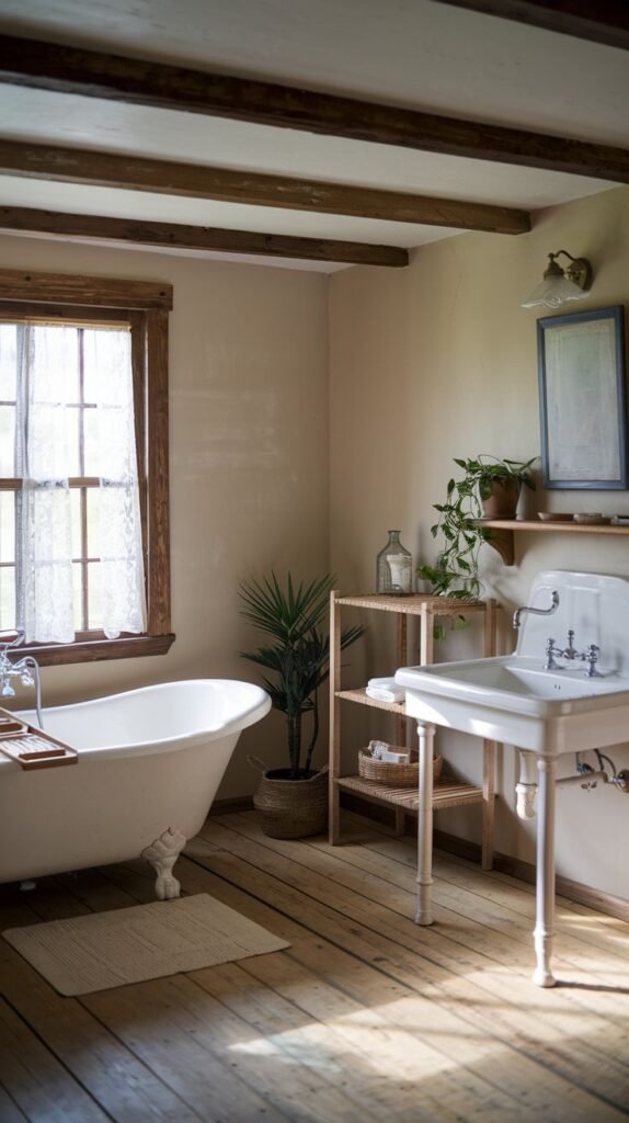A Farmhouse and Rustic bathroom featuring a white clawfoot bathtub with a wooden bath caddy, a white pedestal sink, and light beige walls with exposed wooden ceiling beams. A large window with a sheer white curtain lets in natural light, and a wooden shelving unit holds various plants and small items. The floor is made of light wooden planks.