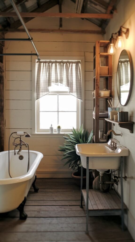 A Farmhouse and Rustic bathroom featuring a white clawfoot bathtub and a white wall-mounted sink with exposed pipes. The walls consist of horizontal white wood planks, and exposed wooden beams are visible overhead. A window with a checkered valance, a round mirror, and an open wooden shelf contribute to the rustic aesthetic, all on a wooden plank floor.