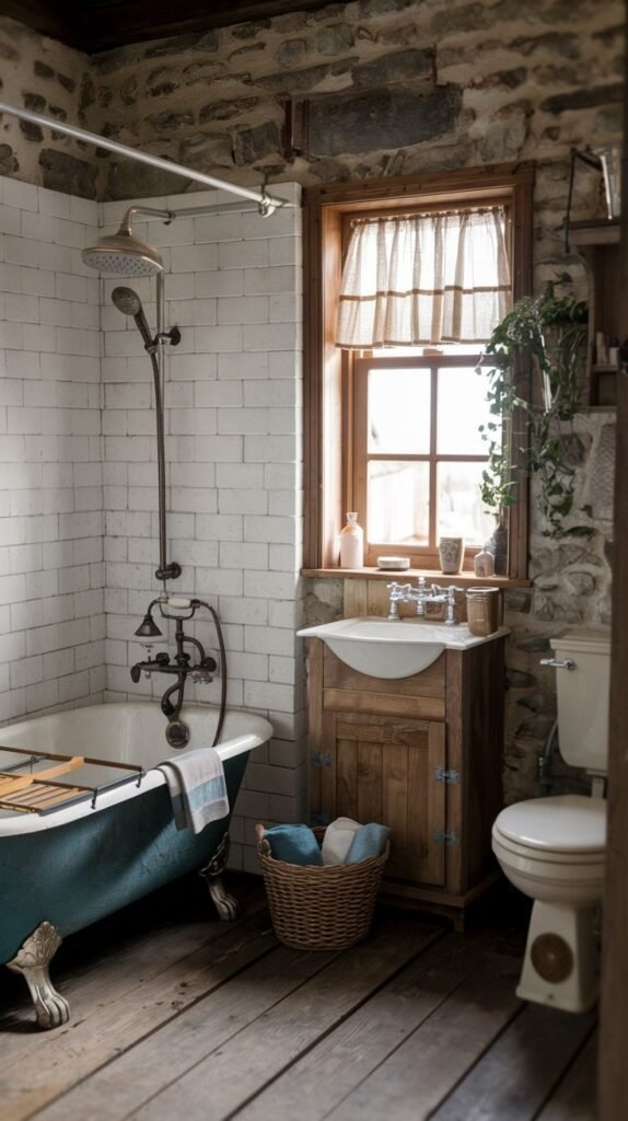 A Farmhouse and Rustic bathroom with a dark-colored freestanding clawfoot bathtub and a wooden vanity unit with an integrated sink. The walls combine natural stone and white subway tiles. A window with a short curtain, a shower fixture attached to the tub, and a wicker basket filled with towels are present. The floor is made of wooden planks.
