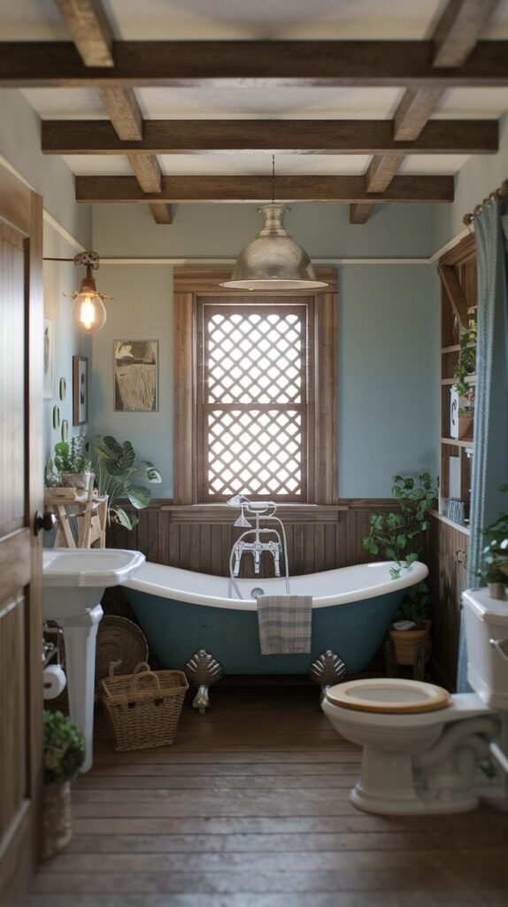 A Farmhouse and Rustic bathroom featuring a teal-colored freestanding clawfoot bathtub, a white pedestal sink, and a white toilet. The ceiling boasts exposed wooden beams, and the walls are painted a light blue with white wainscoting. A large window with a lattice design, an industrial pendant light, and various plants enhance the farmhouse feel, set on a wooden plank floor.